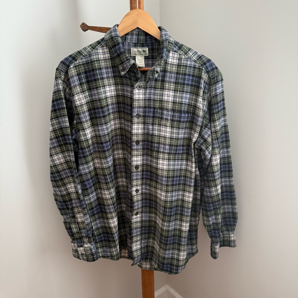 Vintage LL Bean Men’s Large Green & Blue Plaid 100% Cotton Flannel Button Down
